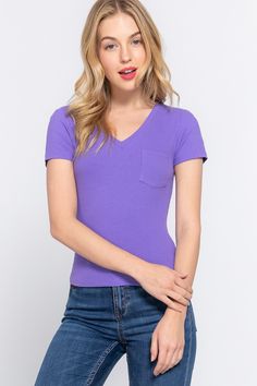 V-Neck Ribbed Short Sleeve Knit T-Shirt is a trendy and versatile staple that can elevate any outfit. With its flattering V-neckline and ribbed texture, this t-shirt adds a touch of sophistication and texture to your look. The short sleeves offer a comfortable fit and make it perfect for warmer weather. Made from soft and stretchy knit fabric, this t-shirt provides comfort and breathability. Whether you pair it with jeans for a casual day out or dress it up with a skirt and heels for a more poli Purple L, Cardigan Crop Top, Cardigan Crop, Ribbed Shorts, Ribbed Texture, Neutral Outfit, Swimwear Cover Ups, Active Wear Leggings, Swimwear Cover