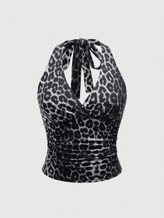 Y2K Leopard Allover Print V-Neck Halter Top For Women, School Grey Casual   Knitted Fabric Leopard Print,All Over Print,Textured Pattern Halter High Stretch  Women Clothing, size features are:Bust: ,Length: ,Sleeve Length: Cow Print Tank Top, Black Y2k Clothes, Nice Tops For Women, Amazon Y2k Clothes, Cute Y2k Tops, Vintage Clothing Pieces, Y2k Tops 2000s, Trashy Y2k Clothes, Jaguar Outfit