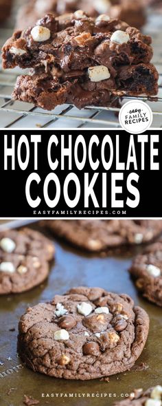 chocolate cookies are stacked on top of each other in front of the words hot chocolate cookies