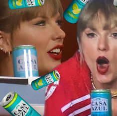 two women with their mouths open in front of cans