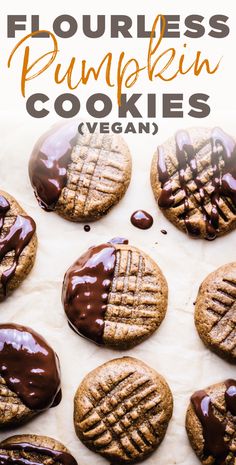 chocolate covered pumpkin cookies on parchment paper with text overlay that reads flourless pumpkin cookies vegan