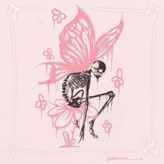 a drawing of a skeleton sitting on top of a flower with pink flowers around it