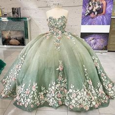 Light Green Quinceanera, Enchanted Forest Gown, Light Green Quinceanera Dresses, Tiana Quince, Green Quince Dress, Ball Gown Sweet 16, Quince Stuff, Quinceanera Theme, Green Quinceanera