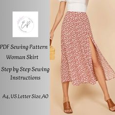 a woman wearing a skirt with the text pdf sewing pattern woman skirt step by step sewing instructions