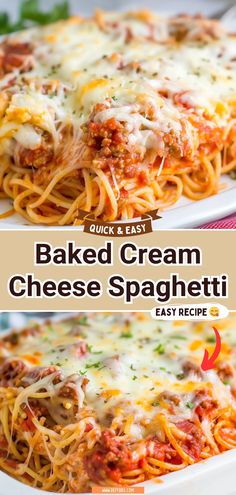 baked cream cheese spaghetti recipe on a white plate with the title above it in two separate images