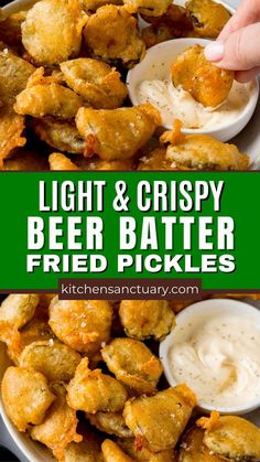 beer and crispy fried pickles in a bowl with ranch dip on the side