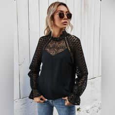 Brand New! Lace Panel Elegant Blouse. Size: M Bust: 40.2 Inch Length: 24.2 Inch Chic Lace Top For Night Out In Fall, Black Long Sleeve Lace Top For Summer, Chic Lace Top For Date Night In Fall, Black Casual Lace Top For Fall, Casual Black Lace Top For Fall, Chic Lace Top Blouse For Fall, Lace Top Blouse For Fall Brunch, Chic Stretch Lace Top Blouse, Chic Fall Lace Top Blouse