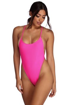 Bring a touch of upscale chicness to the pool party with this trendy one piece swim suit. It features a scoop neckline. spaghetti straps that cross at the back. high-cut hips and a cheeky bum.Model is 5'7" with a 34" bust. 24" waist and 36" hips. She is wearing a size small.RETURNS ACCEPTED ONLY WHEN ALL TAGS AND HYGIENIC PROTECTION ARE INTACT. Trendy Backless Swimwear For Beach Season, Trendy Stretch Swimwear With Adjustable Straps, Beachwear Bodysuit With Spaghetti Straps For Vacation, Stretch Swimwear With Crisscross Spaghetti Straps, Pink Swimwear With Moderate Back Coverage For Summer, Pink Backless Swimwear, Strappy Summer Beach Bodysuit, Summer Strappy Bodysuit With Crisscross Straps, Summer Bodysuit With Spaghetti Straps For Beach