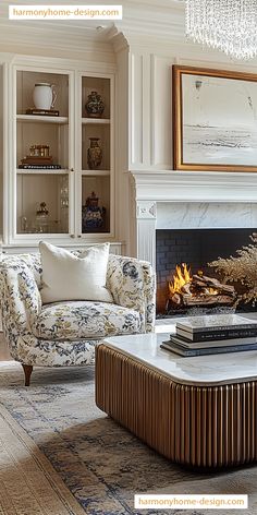 a living room filled with furniture and a fire place under a chandelier above a fireplace