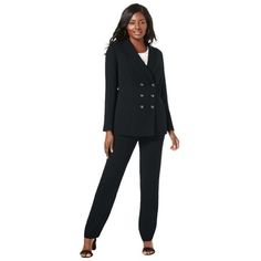 Jessica London Women's Plus Size 2-Piece Double-Breasted Pantsuit Set.Expertly tailored, smartly-styled suit with a feminine and professional look. Timeless straight fit for everyday polish32" long jacket ends below the hip for a refined fitPerfectly proportioned, softly shaped shawl collar Pants are tailored in a straight fit for a sharp silhouette30" inseam Pants have a curve-loving contoured waistband that sits just below the waistSide back elastic gives you maximum comfort with a smooth fitPolyesterMachine wash; imported. About the brand: Style To Live By. Jessica London specializes in head-to-toe womens plus size clothing outfitting that works for youwork days, special days, every day. Our classic designs come in plus sizes for women and offer easy, day-to-night versatility. Our profe Dress Pant Suit, Ladies Of London, Work Wear Women, Brand Style, Swimsuits For All, Long Jacket, Professional Look, Suit Shop, Dress Suits