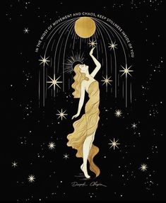 a woman holding a ball in her hand with stars on the night sky behind it