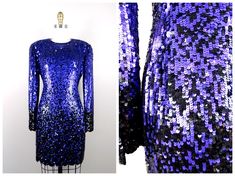 "Such an amazing cocktail dress! Fully embellished with sequins in a purple-to-black ombre design. It's in excellent condition! Measurements: Bust - 34\" Waist - 26\" Hips - 36\" Length - 33\" Tag Size - 4 This dress comes from a pet-free and smoke-free home. If you would like more info or have any questions, please don't hesitate to ask!" Purple Dresses With Contrast Sequin For Spring, Spring Purple Dresses With Contrast Sequin, Purple Contrast Sequin Party Dress, Fitted Purple Dress With Contrast Sequin, Purple Fitted Sequin Dress With Contrast Sequins, Elegant Purple Contrast Sequin Dress, Fitted Purple Sequin Dress, Glamorous Purple Sequin Dress For Date Night, Elegant Purple Sequin Cocktail Dress