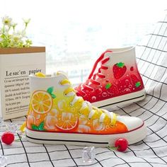 Casual Customizable Sneakers, White Casual Custom Sneakers Gift, Casual White Custom Sneakers As Gift, Trendy High-top Custom Sneakers For Summer, Casual White Custom Sneakers Gift, Fun Hand Painted High-top Sneakers, Fun Hand-painted High-top Sneakers, Casual Red Custom Sneakers With Waterproof Paint, Customizable Casual Sneakers With Round Toe