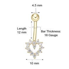 You'll love the charming style this 14k gold cubic zirconia heart belly ring has to offer.Click on this JEWELRY & WATCHES GUIDE to learn about fit, styles, materials and more! Length: 12 mm Gauge: 16g Thread: external Metal: 14k gold Finish: polished Packaging: pouchSTONE DETAILS Stone type: cubic zirconia Total weight: 1/8 ct. Center stone size: 1 mm x 1 mm Shape: round Setting: prong Gemstones may have been treated to enhance their appearance. Special care may be required. Please visit our Gem Elegant Heart-shaped Internally Threaded Belly Rings, Gold Heart Jewelry With Internally Threaded Details, Gold Heart-shaped Body Jewelry As Gift, Elegant 14k Gold Belly Rings For Gift, Elegant Heart-shaped Wedding Belly Rings, Gold Cubic Zirconia Body Jewelry For Gifts, Yellow Gold Internally Threaded Belly Rings As Gift, Elegant Heart-shaped Belly Rings, Belly Ring