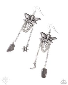 Featuring textured detail, a silver moth pendant flies below the ear for an earthy display. Cascading below the silver moth, chiseled hematite stones, a silver crescent moon, and an opalescent-centered silver star create additional starry detail. Earring attaches to a standard fishhook fitting. Sold as one pair of earrings. Moth Pendant, Urban Jewelry, Silver Star Earrings, Coil Bracelet, Hematite Stone, Jewelry Catalog, Silver Jewelry Necklace, Independent Consultant, Hinged Bracelet