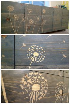 four different pictures of the same flower and plant painted on wooden boards, each with an image of a dandelion