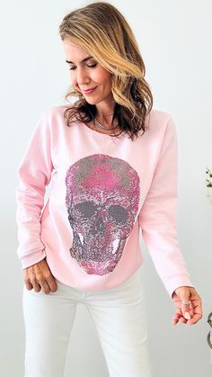 CUSTOM Pink Skull Classic Sweatshirt Winter Skull Print Relaxed Fit Tops, Relaxed Fit Skull Print Tops For Winter, Relaxed Fit Skull Print Sweatshirt With Crew Neck, Winter Skull Print Cotton Tops, Winter Cotton Tops With Skull Print, Skull Print Relaxed Fit Long Sleeve T-shirt, Winter Cotton Top With Skull Print, Cotton Skull Print Relaxed Fit Sweatshirt, Relaxed Fit Cotton Sweatshirt With Skull Print