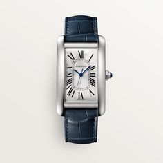 Cartier - Tank Américaine watch - Watch Man Steel/Leather - Tank Américaine watch, large model, mechanical movement with automatic winding. Steel case, octagonal crown set with a blue synthetic spinel, silvered dial, blued-steel sword-shaped hands, navy blue semi-matte alligator leather strap, interchangeable deployant buckle. Case dimensions: 45.10 mm x 26.60 mm, thickness: 9.81 mm. Water-resistant up to 3 bar (approx. 30 meters/100 feet). Cartier Tank Americaine, Rudolph Valentino, Blue Spinel, Vacheron Constantin, Cartier Santos