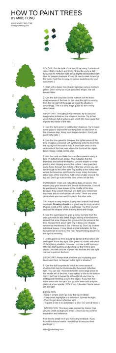 an info sheet showing how to paint trees in different colors and sizes, including green leaves