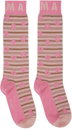 Pair of calf-high knit cotton-blend socks in pink. · Jacquard stripes and floral pattern throughout · Jacquard logo at cuffs · Logo printed at sole Supplier color: Pinky gummy Pink Fitted Knee-high Socks For Spring, Pink Socks For Spring, Pink Knee-high Socks For Spring, Trendy Pink Knee-high Socks For Spring, Knit Cotton, Color Therapy, Apparel Accessories, Pink Flowers, Floral Pattern