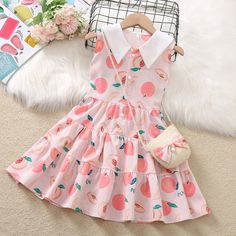 Cute Cotton Fruit Pattern Dress Casual Fruit Print Dresses For Spring, Cute Cherry Print Summer Dress, White Fruit Print Dress For Summer, Pink Cherry Print Dress For Spring, Casual Short Sleeve Fruit Print Dresses, Casual Summer Dresses With Fruit Print, Playful Peach Spring Dress, White Summer Dress With Fruit Print, Sleeveless White Dress With Fruit Print