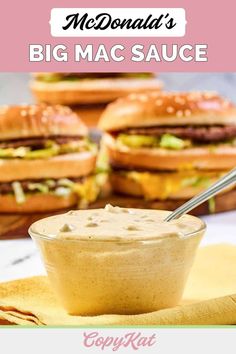 the cover of mcdonald's big mac sauce is shown with two sandwiches in the background