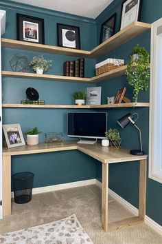 two pictures of a home office with blue walls and shelving in the corner, one is