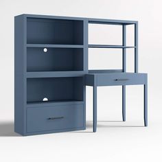 a blue bookcase with two drawers and a desk in front of it on a white background