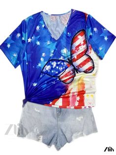 Zlily - Womens Plus Size Independence Day T-Shirt Featuring Star & Flag Butterfly Print, V-Neckline and Slight Stretch for Comfort Multicolor American Flag Print Tops For Summer, Summer V-neck T-shirt With American Flag Print, Patriotic V-neck Summer Tops, Summer V-neck Tops With American Flag Print, American Flag Print V-neck Tops For Summer, V-neck Tops With American Flag Print For Summer, Blue Star Print Tops For Summer, Blue Star Print Summer Tops, Casual V-neck Star Print Top