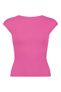 We recommend sizing down. Inspired by the blush pink exterior of the Rosas hotel in Méridia, Mexico. This shade reflects a bright, hot pink. Crafted with a soft rayon jersey fabric. This tee is opaque and can be worn braless. Embroidered "MM" on side. Complimentary gift pouch with purchase. FINAL SALE WILL NOT BE RESTOCKING MADE IN AUSTRALIA. DESTINATION:ROSAS Fabric: 94.5% Rayon, 5.5% Spandex Care: cold hand wash; lay out flat to dry Do not: machine wash; tumble dry; spin; wring; bleach Iron instructions: Steaming is highly recommended Turn the garment inside out, set the temperature to low-medium heat. Iron a small section at a time to avoid stretching. Alternatively, place a cloth over the shirt and iron over the cloth at medium heat to flatten out creases. Please view our size guide be Pink Short Sleeve Top In Elastane, Pink Short Sleeve Elastane Top, Summer Pink Scoop Neck T-shirt, Pink Fitted Short Sleeve Top, Pink Fitted Crew Neck Tank Top, Pink Fitted Top With Short Sleeves, Summer Scoop Neck T-shirt In Elastane, Soft Stretch Summer Tops, Pink Stretch T-shirt With Scoop Neck