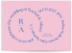 a pink and blue wedding card with the words