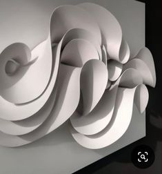 an abstract sculpture is shown on the wall in black and white colors, with curved shapes