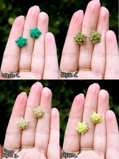 four different pictures of small flowers on someone's hand