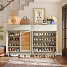 there are many pairs of shoes on the shelves in this room, and one is full of them