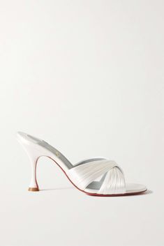 CHRISTIAN LOUBOUTIN Nicol is Back 85 satin mules | NET-A-PORTER White Red Bottom Heels, Bridal Mules, Louboutin Mules, White Louboutin Heels, White Louboutin, Louboutin Wedding Shoes, Christian Louboutin Wedding, Christian Louboutin Wedding Shoes, Red Bottom Heels