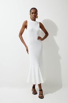 Viscose Blend Pointelle Knit Midaxi Dress Chic White Knit Midi Dress, Chic White Knit Dress, Elegant Ribbed Knit Maxi Dress, Fitted White Knit Dress, White Fitted Knit Dress, Elegant White Knit Midi Dress, Elegant Summer Knit Dress, Elegant Ribbed Summer Dress, Elegant Cream Ribbed Dress