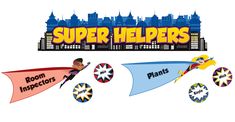 the logo for super helpers is shown in front of an image of a building