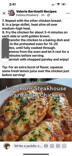 an image of some food that is on top of a twitter post and the caption reads, longhorn steakhouse parmesan chicken