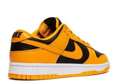 Taken from the original 'Iowa' colorway from the 1985 series 'Be True to Your School' is the Nike Dunk Low 'Goldenrod.' Like the original high-top edition, it features a simple two-tone color scheme throughout the leather upper with a solid black base and contrasting yellow overlays. Standard branding elements include a woven Nike tag on the black nylon tongue and a Nike wordmark embroidered on the heel tab. It rides on a durable rubber cupsole that pairs white sidewalls with a yellow rubber outsole. Retro Leather Custom Sneakers For Skateboarding, Retro Leather Sneakers For Skateboarding, Classic Custom Sneakers With Rubber Heel Cap For Streetwear, Retro Custom Leather Sneakers With Boost Midsole, Branding Elements, Jordan 8, Sneaker Stores, Jordan 2, Sneaker Games