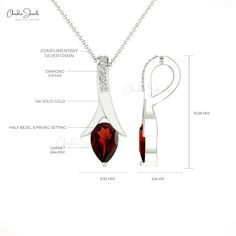 Description This stunning AAA quality Designer Garnet Pendant with the dazzling white diamond Teardrop style of I1-I2/G-H clarity & color is crafted in 14k solid gold. A Pear Cut Garnet gemstone set with Half Bezel settings surrounded with diamonds. Garnet is an official birthstone for the month of January and a symbol of balance, hope, and peace. The 6X4mm Pear cut gemstone is flanked by 5 pcs of dazzling 0.90mm white diamonds together to create a Tear Drop Style frame. The gold chain shown in Formal Drop Diamond Jewelry, Elegant Ruby Jewelry With Polished Finish, Pear-shaped Diamond Jewelry With Prong Setting, Brilliant Cut Pear-shaped Diamond Jewelry, Elegant Pear-shaped Ruby Jewelry, Pear-shaped Brilliant Cut Diamond Jewelry, 14k Gold Pear-shaped Jewelry With Diamond Accents, Classic Diamond Drop Jewelry, Pear-shaped Diamond Cut Jewelry In Diamond White