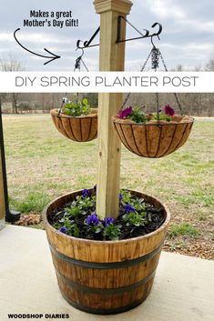 a diy hanging planter post made from an old wine barrel