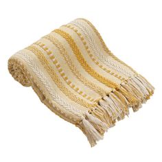 a yellow and white blanket with fringes on the bottom, against a white background