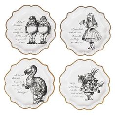 four plates with alice and the seven dwarfs on them, all decorated in black and white