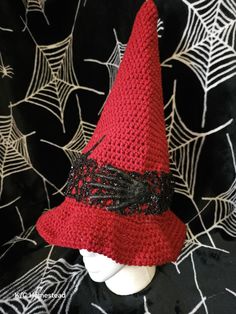 Complete your magical costume with this hand crocheted, customizable hat.  Shown with brim flipped or flat.  You'll want to hold on to this hat when you fly off into the night!  Message for color request, or a larger brim. Black Knitted Hat For Halloween, Fitted Brimmed Halloween Hat, Fitted Witchy Hat For Halloween, Fitted Brimmed Hat For Halloween, Witchy Wide Brim Fitted Costume Hat, Witchy Winter Hats For Party, Halloween Wide Brim Fitted Mini Hat, Fitted Witchy Mini Hats For Halloween, Halloween Costume Hat One Size