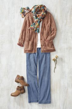 This intricately textured sweater mixes cables, seed stitch and basketweave for rich artistry. Vintage wash adds depth and highlights of color. Coldwater Creek Outfits, Dressing Over 60, Stylish Plus Size Clothing, Pattern Cardigan, Over 60 Fashion, Older Women Fashion, Knit Denim, Fashion For Women Over 40, Seed Stitch