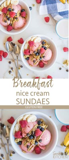 two bowls filled with ice cream and berries on top of each other next to spoons