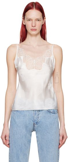 Acetate- and silk-blend damask camisole. Jacquard floral pattern and lace trim throughout. · V-neck · Darts at chest · Fixed spaghetti straps · Logo hardware at back Supplier color: White Feminine Silk Camisole With Built-in Bra, Feminine Silk V-neck Tank Top, Fitted Tank Top With Lace Patchwork And Spaghetti Straps, Fitted Lace Patchwork Cami Top, Sleeveless Lace Bodice Top, Fitted Silk Camisole With Built-in Bra, Silk Tank Top With Built-in Bra For Spring, Evening Lace Trim Camisole Tank Top, Fitted Sleeveless Lace Camisole