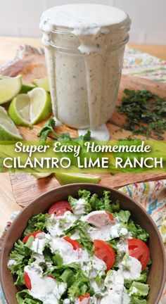 a salad in a bowl next to a jar of ranch dressing