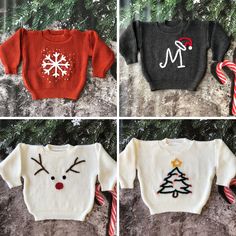 four different sweaters with christmas designs on them