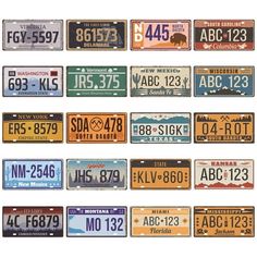 many different license plates are arranged in rows